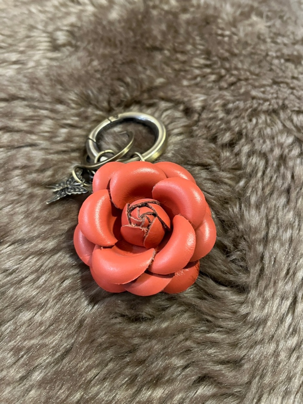 Leather Rose Keychain - Coral Flower Charm